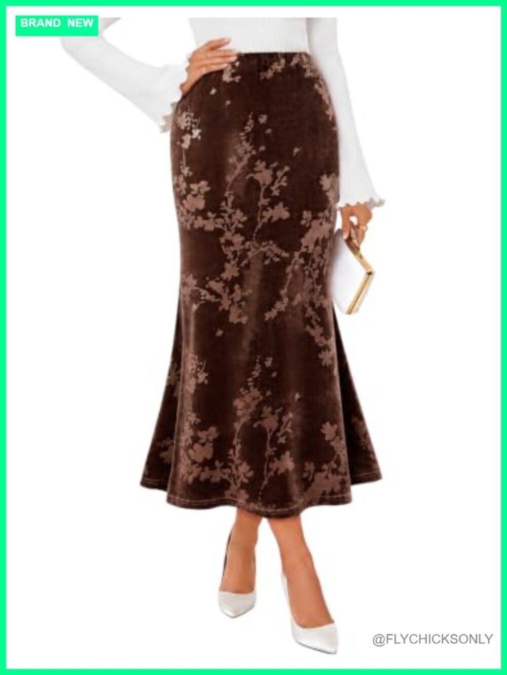 Floral Velvet Maxi Skirt with Mermaid Hem and Elastic High Waist